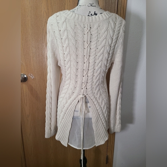 CAbi Sweaters - Cabi Lace Up Back Chiffon Insert Cable Knit Cream Sweater